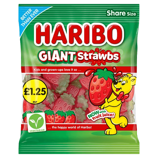 HARIBO Giant Strawbs Strawberry Flavour Chewy Jelly Sweets Sharing Bag 140g