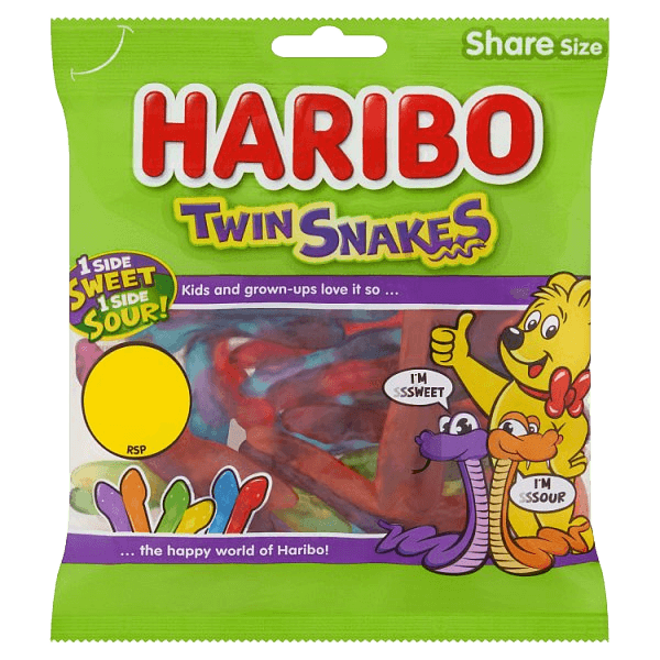 HARIBO Twin Snakes Fruit Flavour Gum Jelly Sweets Sharing Bag 140g